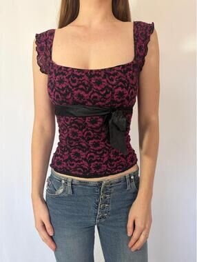Y2K Lace Mesh Milkmaid Dark Feminine Magenta Top